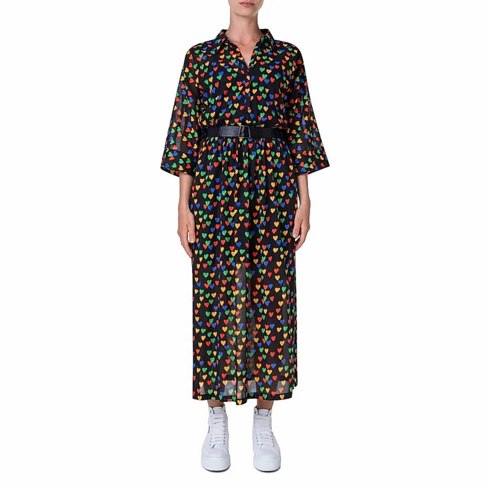 Akris 100 Years Hearts Print Midi Shirt Dress Black Polka Dots Colorful Belted 6